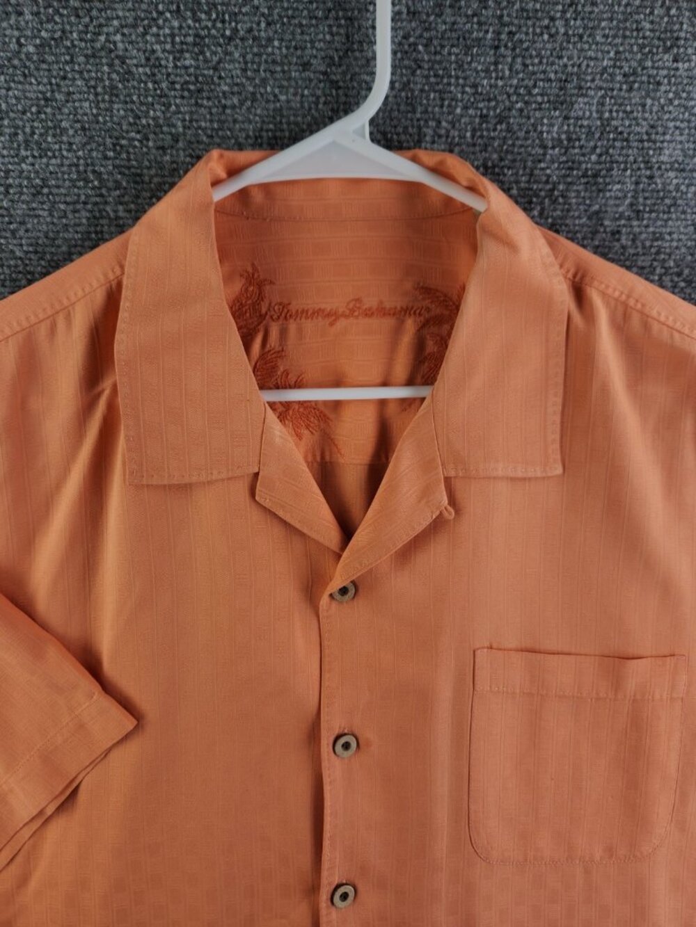 Tommy Bahama Men Large Orange 100% Silk Short Sleeve Button Up Striped Hawaiian